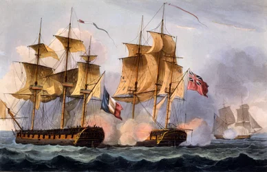 Le Desius elfogása, Thomas Sutherland által készített nyomat „The Naval Achievements of Great Britain, From the Year 1793-1817”, James Jenkins, először 1817-ben jelent meg (kézzel színezett akvatinta)